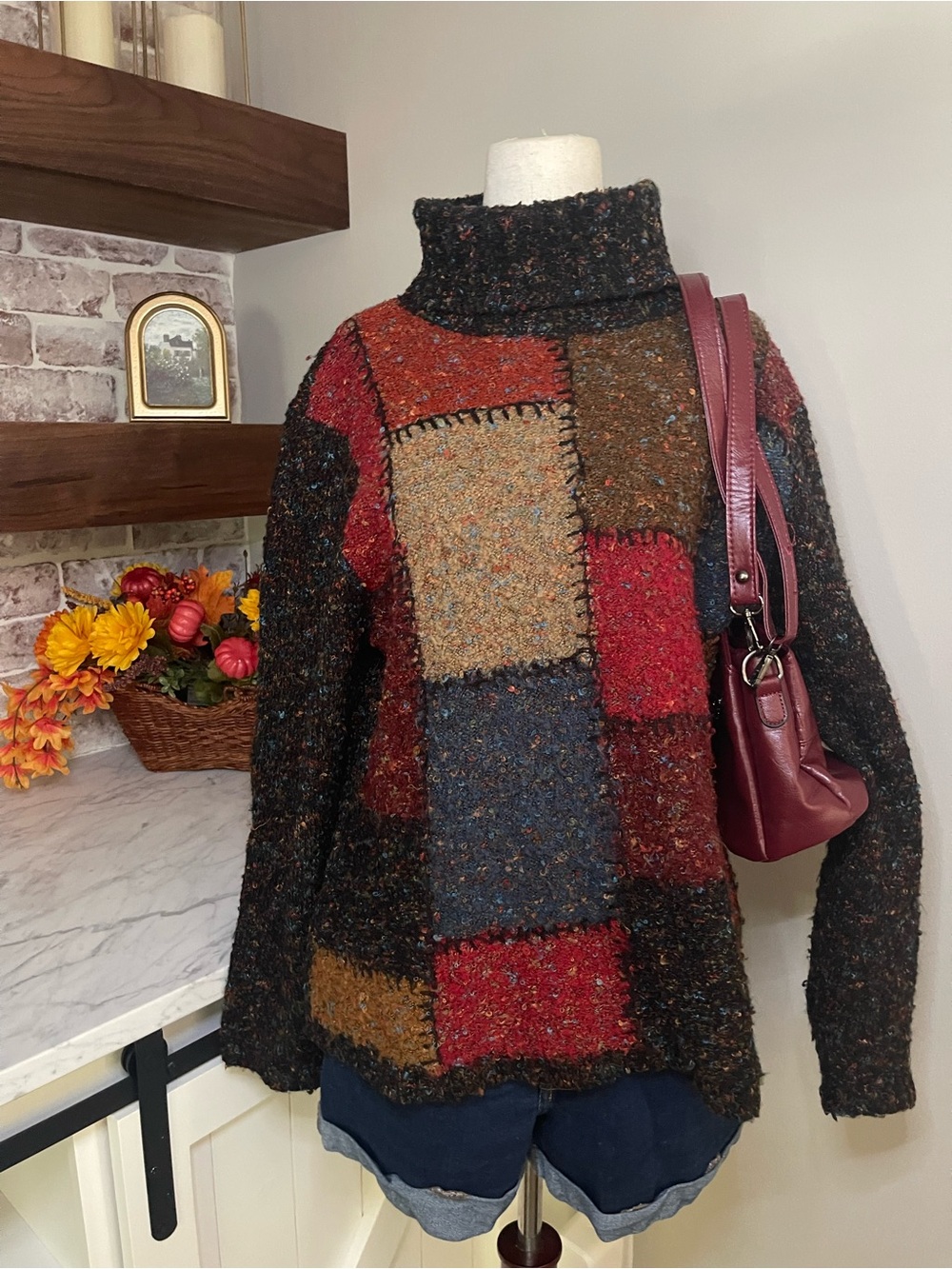 Coldwater Creek Patchwork Turtleneck Pullover Sweater Medium